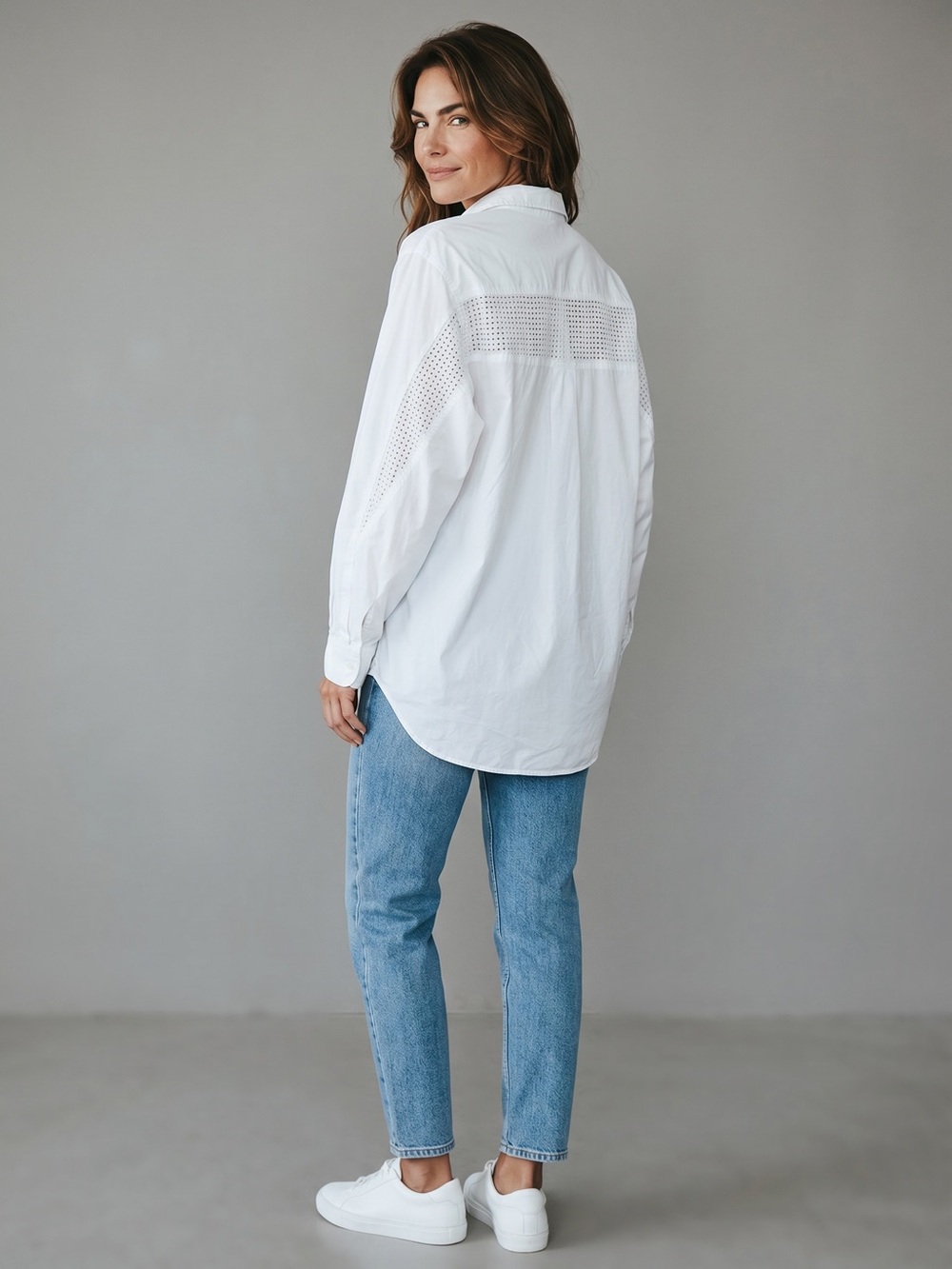No21 White Cotton Button Down Shirt Size 46 Open Crochet Cutout Minimalist Luxe
